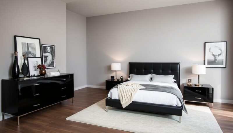 grey walls with black furniture